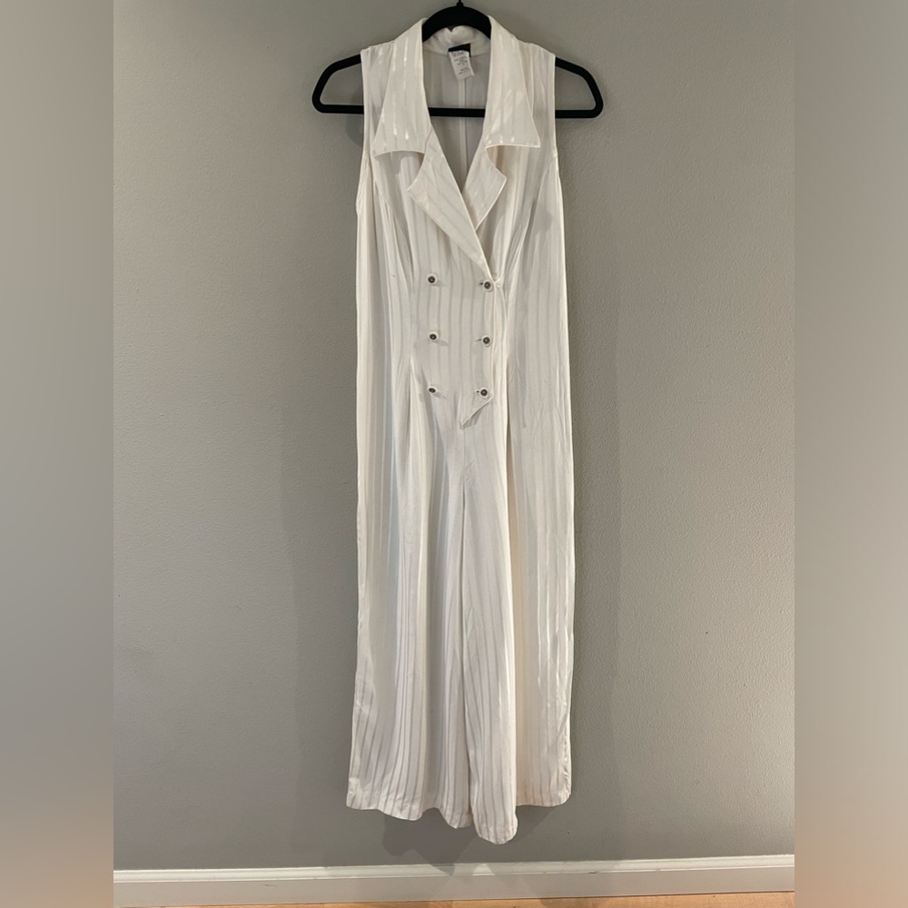 90s "Pinstripe" double breasted jumpsuit with corset style tie, Knapp Studios